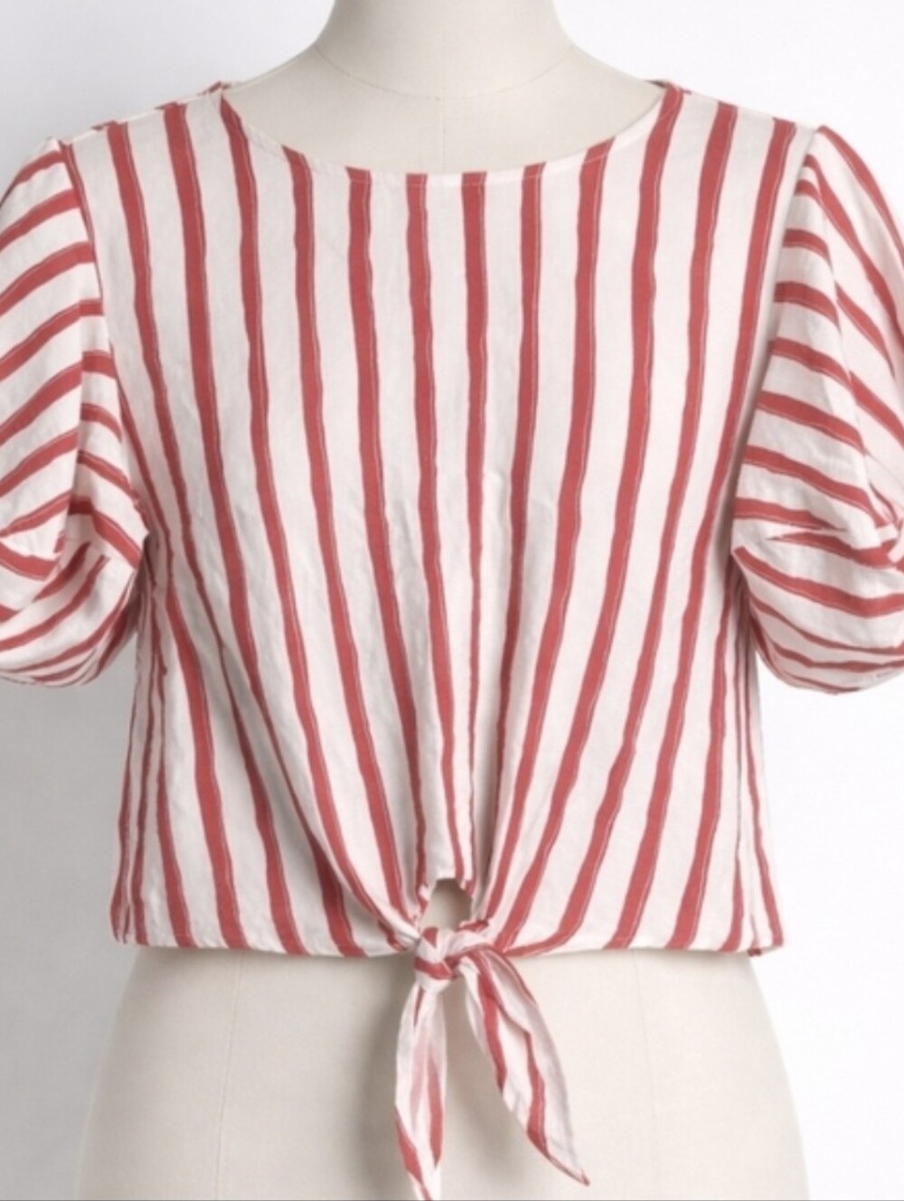 Bleuh Ciel Red & White Striped Tie-Front Blouse | Puff Sleeve | Size L